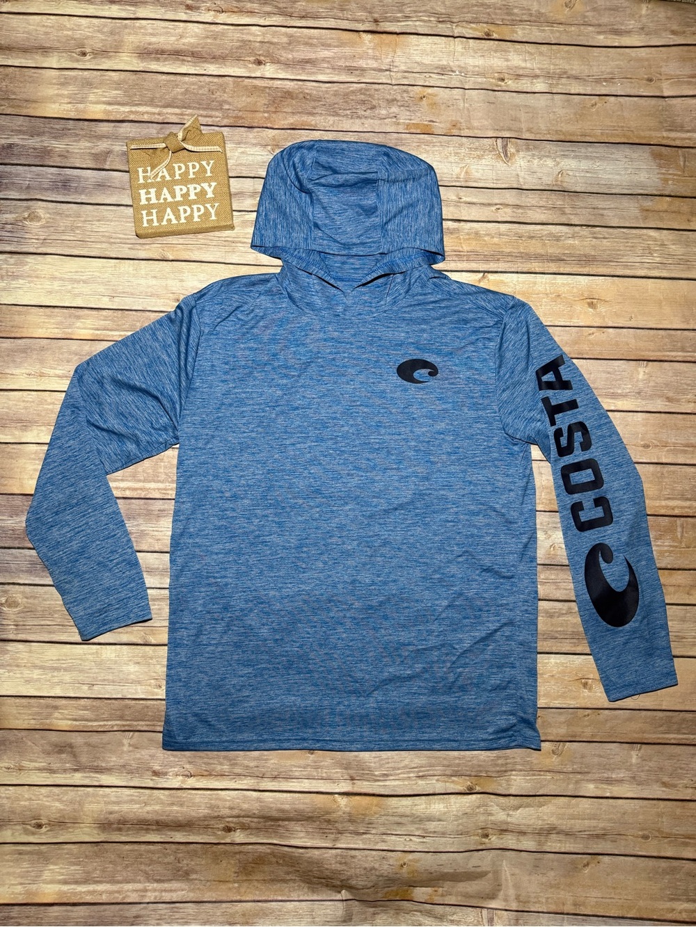 Costa Heathered Blue Hooded Performance Shirt with Logo Sleeve size M - Picture 2 of 10